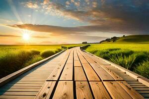 a wooden walkway leads to a sunset over a grassy field. AI-Generated photo