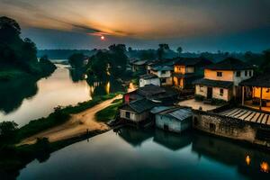 un río en el medio de un pueblo a puesta de sol. generado por ai foto