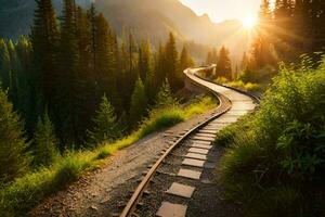 railroad tracks in the mountains at sunset. AI-Generated photo