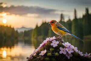 foto fondo de pantalla el cielo, flores, pájaro, atardecer, lago, flores, pájaro, atardecer,. generado por ai