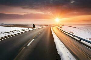 a long road with snow on the ground and the sun setting. AI-Generated photo