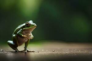 a frog sitting on the ground with its legs crossed. AI-Generated photo