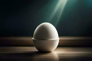 un huevo sentado en un mesa con un ligero brillante en él. generado por ai foto