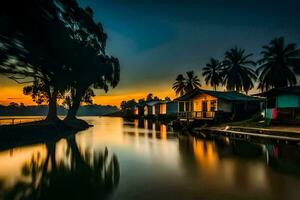 a river with houses and palm trees at sunset. AI-Generated photo