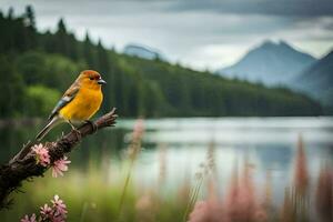 a yellow bird sits on a branch near a lake. AI-Generated photo