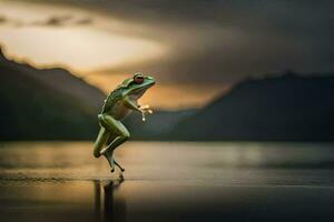 a frog jumping into the air at sunset. AI-Generated photo