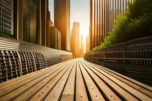 un de madera pasarela en frente de alto edificios generado por ai foto