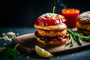 two hamburgers with tomato and herbs on a wooden board. AI-Generated photo