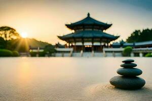 a stone stack sits in front of a pagoda. AI-Generated photo