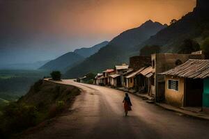 a woman walks down the road in front of a village. AI-Generated photo