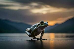 un rana sentado en el suelo a puesta de sol. generado por ai foto