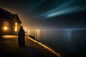 a man in a black robe stands on the edge of a dock at night. AI-Generated photo