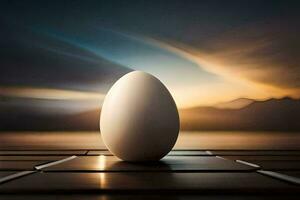 an egg sitting on a table in front of a sunset. AI-Generated photo