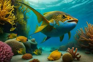 fish swimming in the ocean with coral and other fish. AI-Generated photo