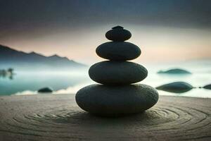 a stack of stones sitting on top of a beach. AI-Generated photo