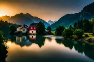 un casa se sienta en el borde de un lago en el montañas. generado por ai foto