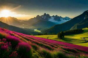 the sun rises over the mountains and flowers in the foreground. AI-Generated photo