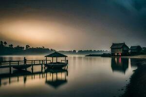 a boat dock and a house on the water at dusk. AI-Generated photo
