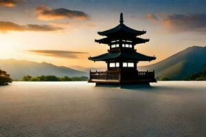 a pagoda sits on the edge of a lake at sunset. AI-Generated photo