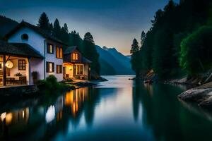 a house sits on the side of a river at night. AI-Generated photo