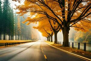 autumn trees line the road in a forest. AI-Generated photo