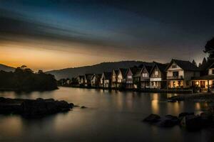 houses on the shore of a lake at dusk. AI-Generated photo