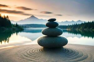 a stack of rocks sitting on the sand near a lake. AI-Generated photo