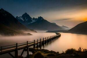 un puente terminado un lago y montañas a puesta de sol. generado por ai foto