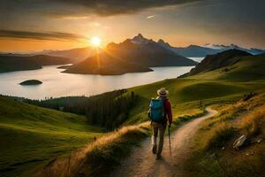 un hombre con un mochila camina a lo largo un camino en el montañas. generado por ai foto