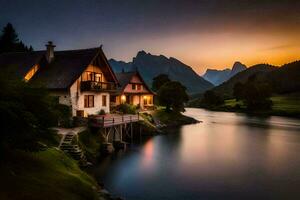 a house sits on the side of a river at sunset. AI-Generated photo