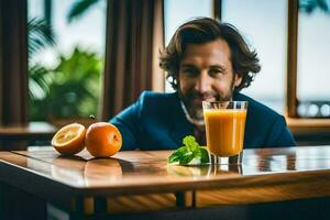 un hombre sentado a un mesa con un naranja y un vaso de jugo. generado por ai foto