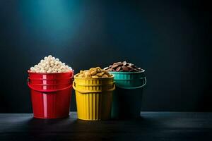 three buckets of popcorn and nuts on a dark background. AI-Generated photo