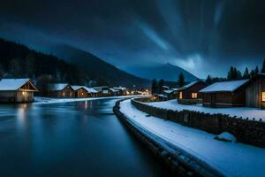 un río carreras mediante un Nevado pueblo a noche. generado por ai foto