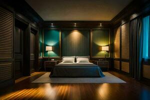 a bedroom with wooden floors and dark walls. AI-Generated photo