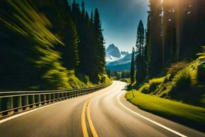 a road with trees and mountains in the background. AI-Generated photo