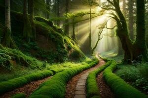 a path through a forest with mossy trees and sunbeams. AI-Generated photo