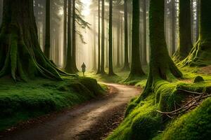 a man walks down a path through a forest. AI-Generated photo