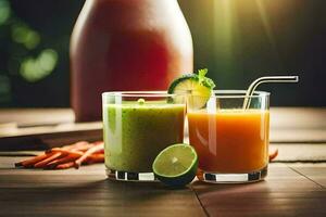two glasses of juice with carrots and cucumber. AI-Generated photo