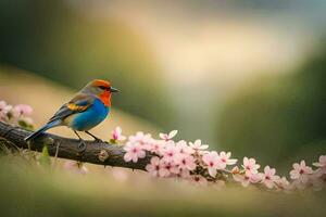 a colorful bird sits on a branch with pink flowers. AI-Generated photo