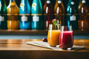 two glasses of juice sit on a table in front of bottles. AI-Generated photo