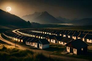 un fila de casas en el medio de un campo a noche. generado por ai foto