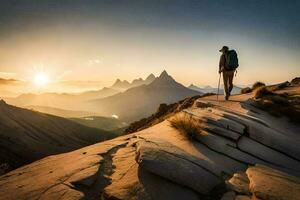 el hombre en el montaña. generado por ai foto