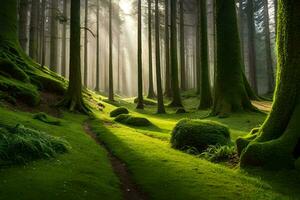 a path through a forest with mossy trees. AI-Generated photo