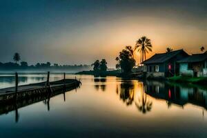 a house on the water with a palm tree in the background. AI-Generated photo