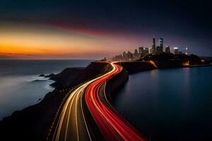 a long exposure photograph of a city skyline and the ocean at sunset. AI-Generated photo