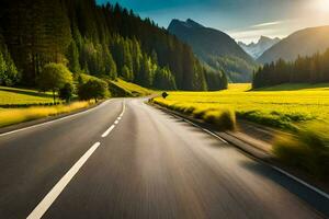 a road in the mountains with trees and grass. AI-Generated photo