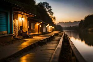 a man sits on a dock at dusk by a river. AI-Generated photo