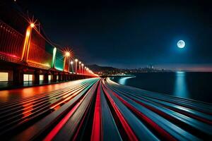 un largo exposición foto de un puente a noche. generado por ai