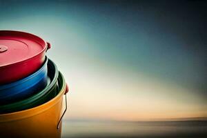 a stack of colorful buckets sitting on top of a beach. AI-Generated photo