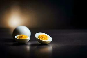 two hard boiled eggs on a dark table. AI-Generated photo